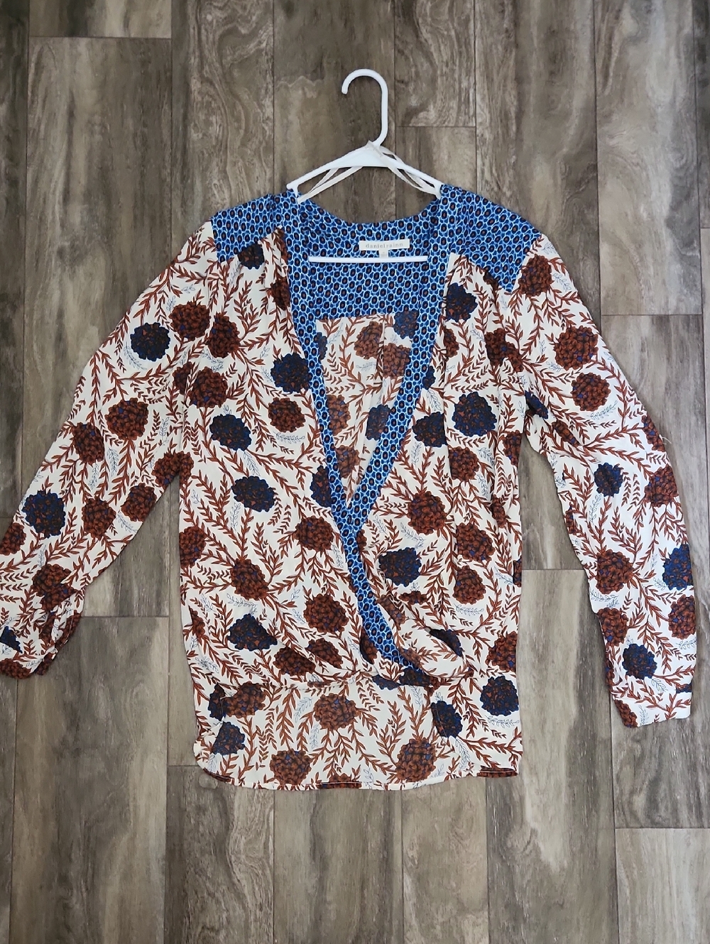Daniel Rainn Blue and Brown Floral Wrap Blouse